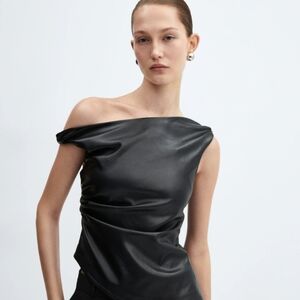 Iconic Faux Leather Off Shoulder Ruched Top XS Black Vegan Leather